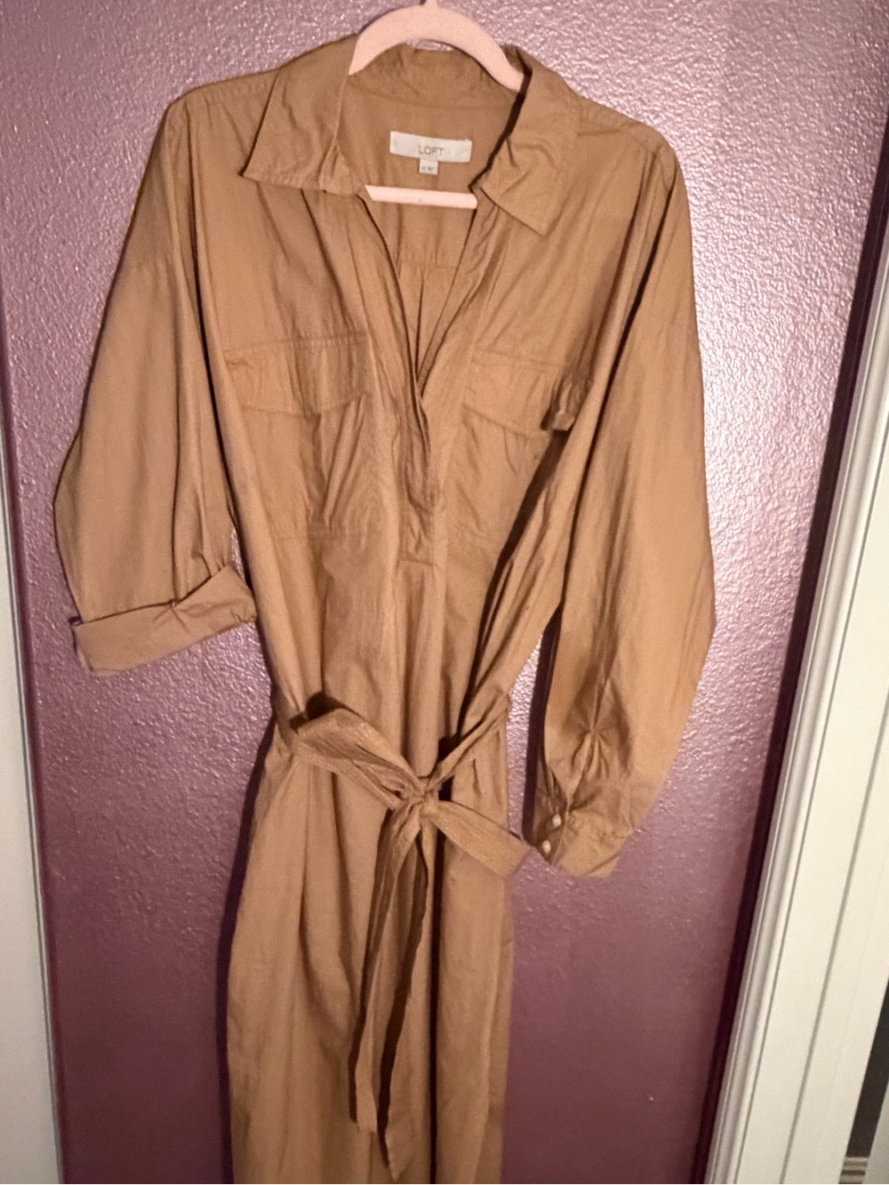 LOFT Tan Long-Sleeve Utility Midi Dress with Tie Waist